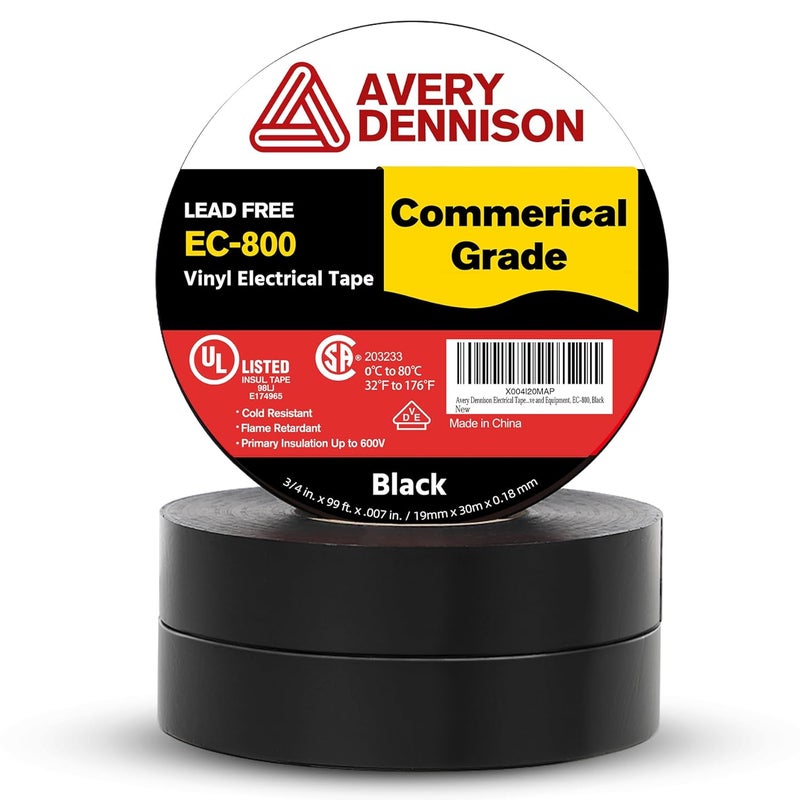 Avery Dennison Electrical Tape, 3 Rolls Commercial Grade PVC Electric Tape, UL/CSA Listed ¾ in x 99 ft Insulating Vinyl Tape for Electrical, Repairs, Automotive and Equipment, EC-800, Black - Image 1